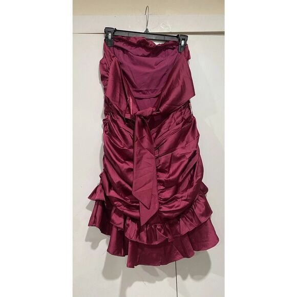 Selfie Leslie Mini Dress Sz XL Plum Strapless Tied Back Layer Frill Hem Ruched - Picture 8 of 16